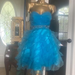 Beautiful Dresses Turquoise Blue Strapless Beaded Fit flare Dress
